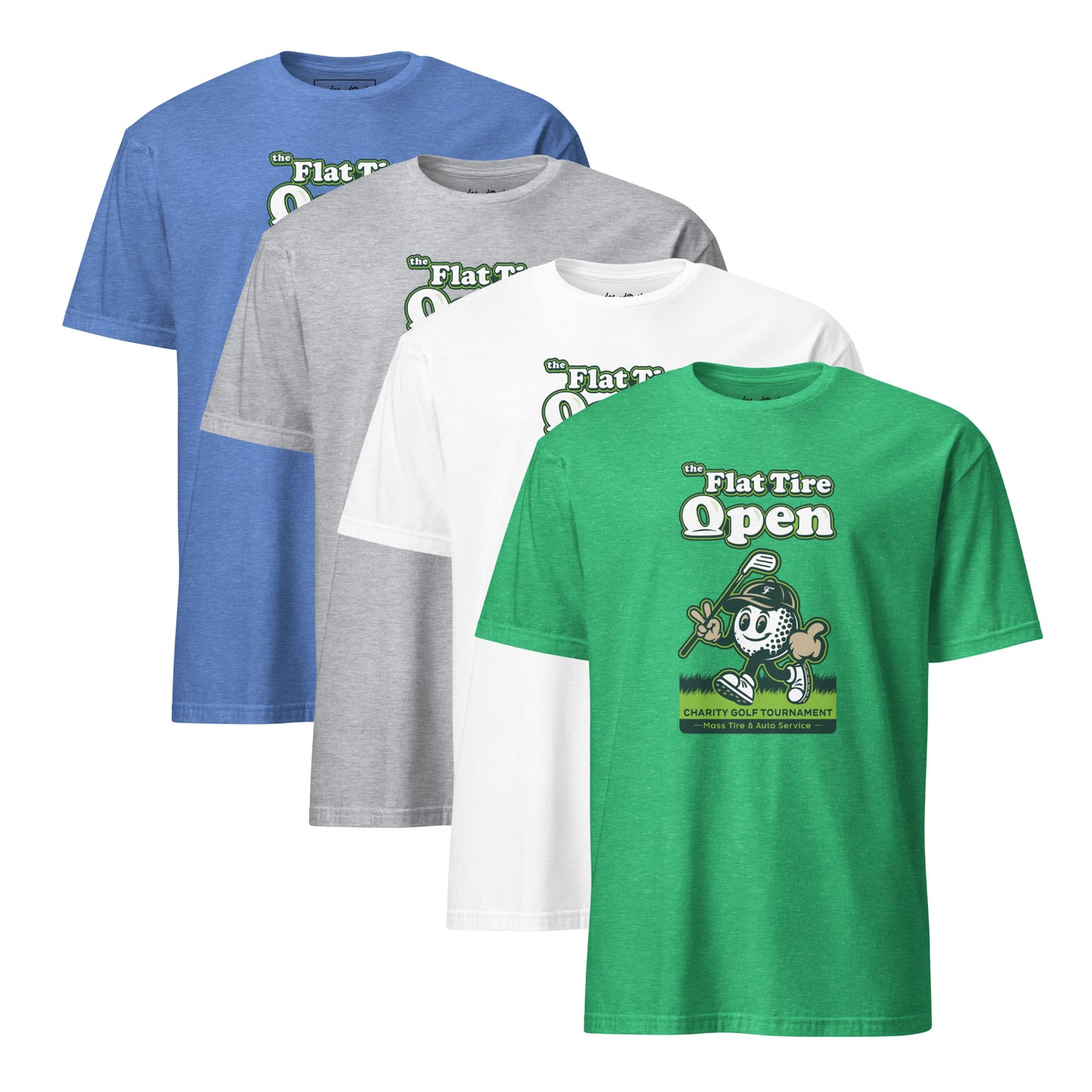 Four t-shirts in blue, gray, white, and green with a graphic design on a white background.