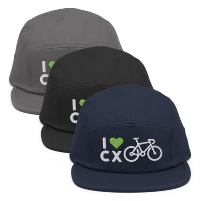Three cycling caps in gray, black, and navy with 'I 💚 CX' design on a white background.