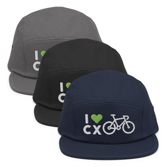 Three cycling caps in gray, black, and navy with 'I 💚 CX' design on a white background.