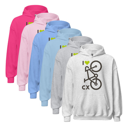 Set of colorful hoodies with I Heart CX on the front