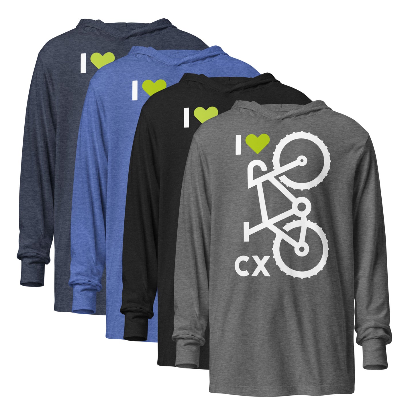 Four hooded t-shirts in different colors with 'I 💚 CX' design on the front.