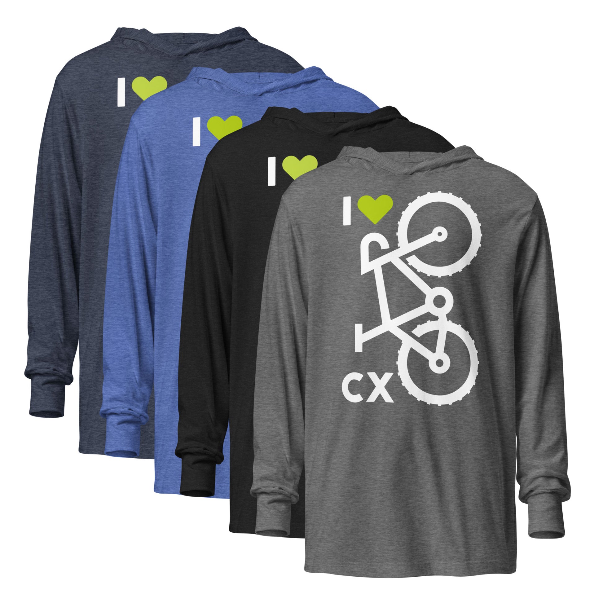 Four hooded t-shirts in different colors with 'I 💚 CX' design on the front.