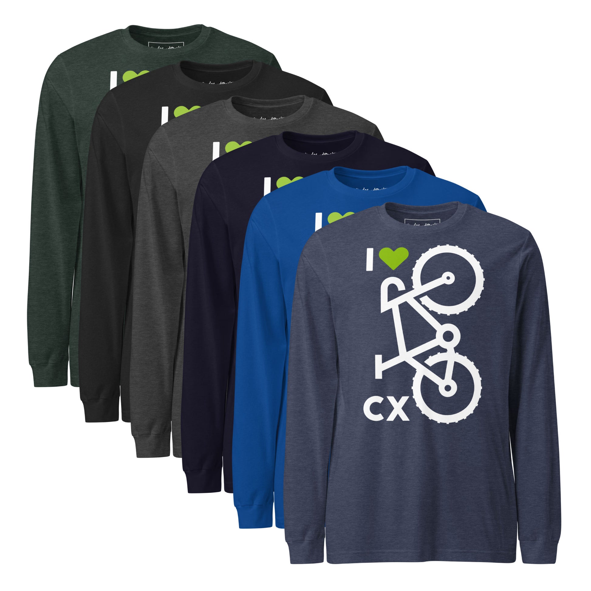 Set of long-sleeve shirts in various colors with 'I 💚 CX' logo on front and back.