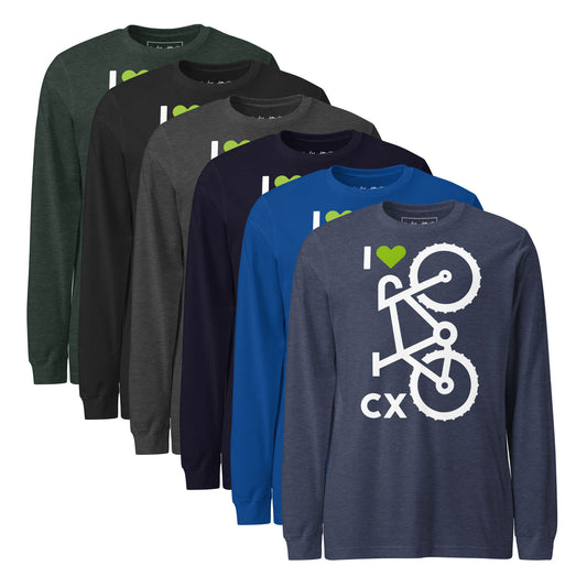 Set of long-sleeve shirts in various colors with 'I 💚 CX' logo on front and back.