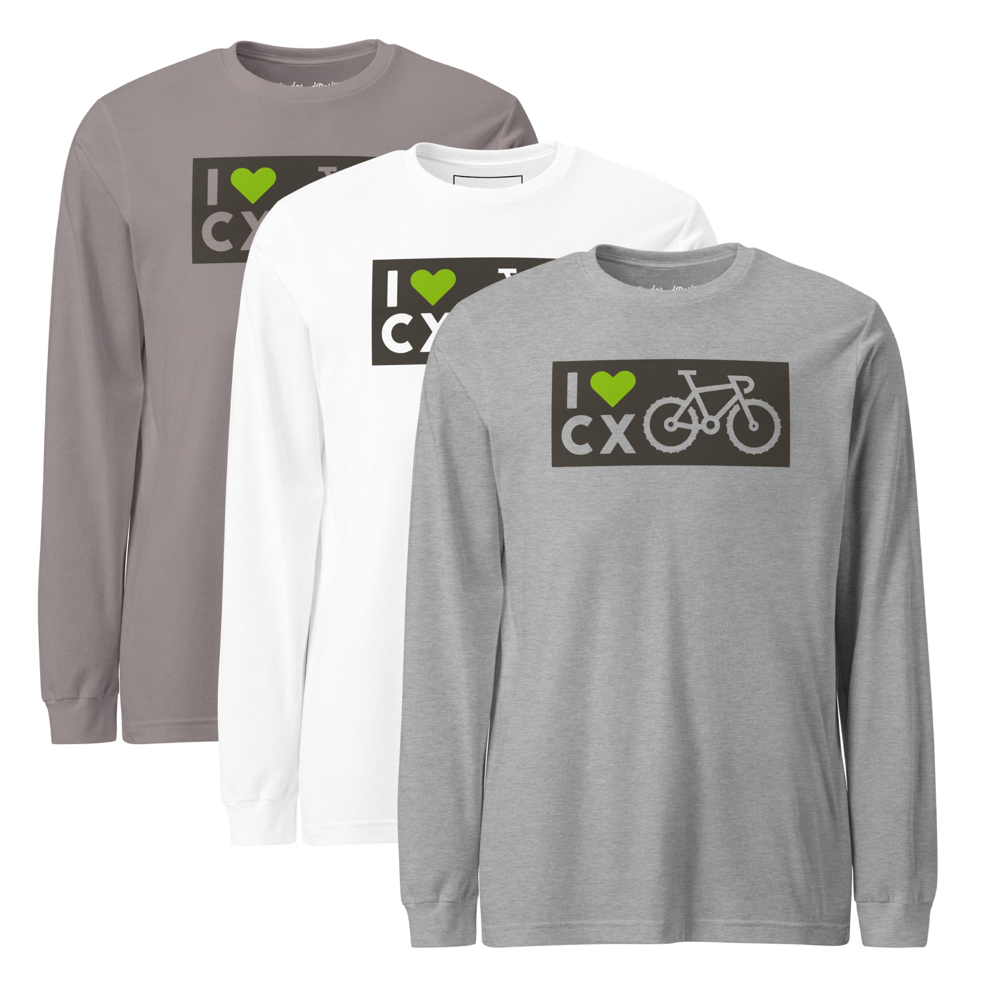 Three long-sleeve shirts in gray, white, and another shade of gray with 'I 💚 CX' logo on front and back.