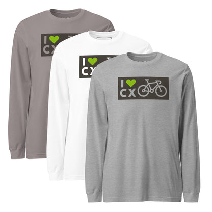 Three long-sleeve shirts in gray, white, and another shade of gray with 'I 💚 CX' logo on front and back.