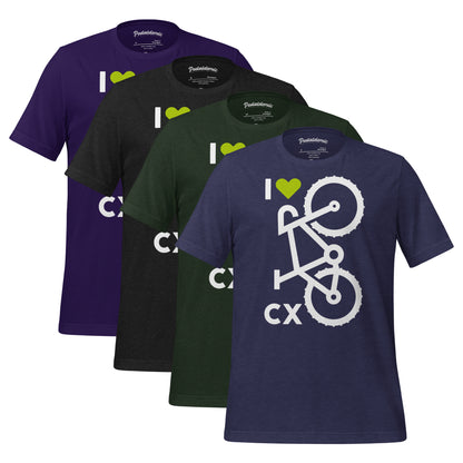Four t-shirts with 'I 💚 CX' logo on front and back.