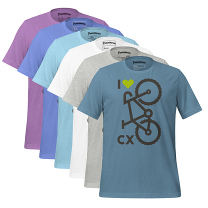 Collection of t-shirts in various colors with a central blue t-shirt featuring 'I 💚 CX' design.