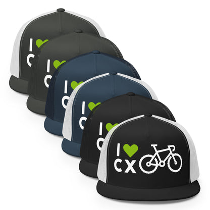 Set of five baseball caps with 'I 💚 CX' design on a white background