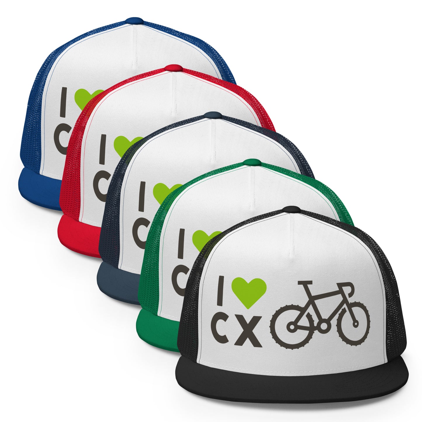 Set of five trucker hats with 'I 💚 CX' logo